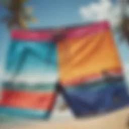 A vibrant pair of board shorts hanging by the beach