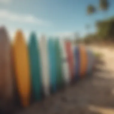 Scenic view of a beach with surfboards lined up