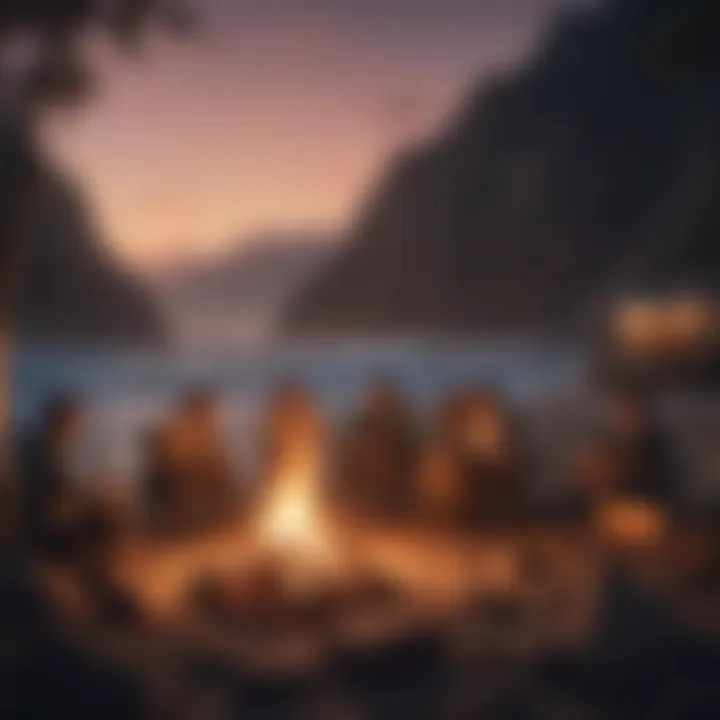 Group of surfers gathered around a campfire sharing stories