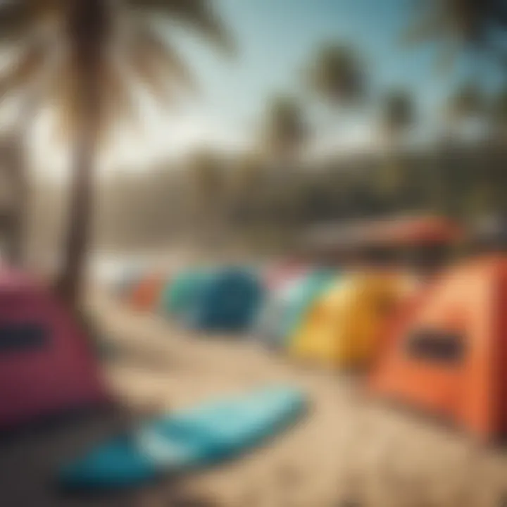 Vibrant surf camp scene with colorful tents and surfboards