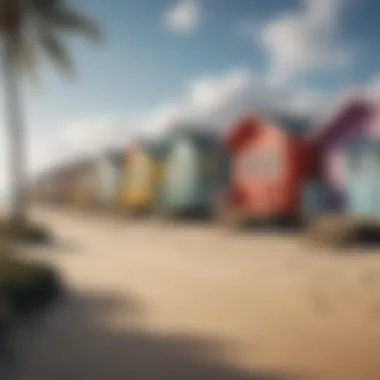 Colorful beach huts lined along a sandy shore