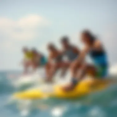 Inclusivity in Air Surfing A diverse group of surfers of various skill levels enjoying the ride on air surfboards, highlighting inclusivity in the sport.