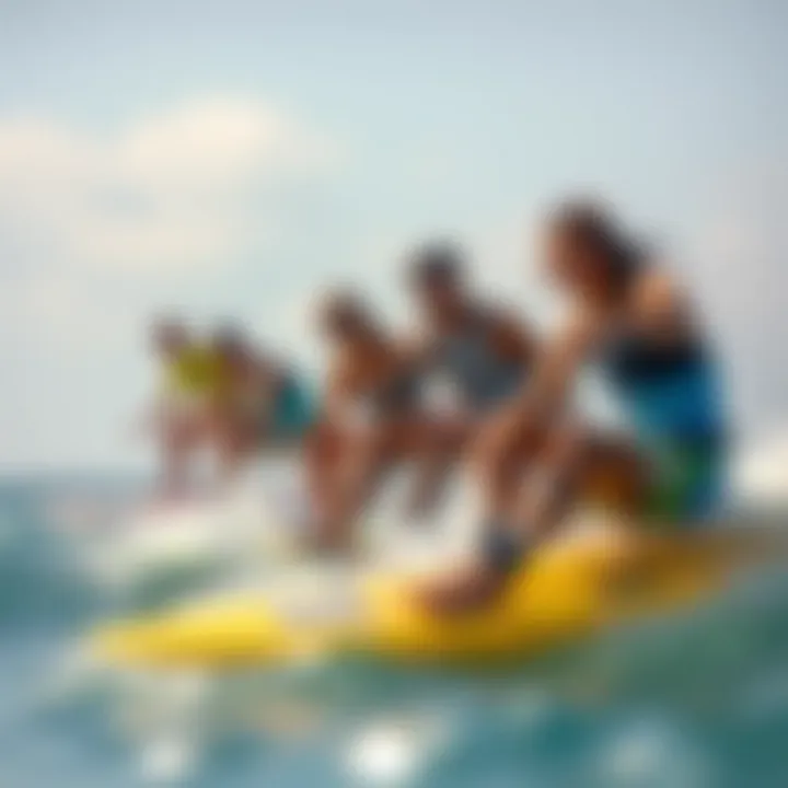 Inclusivity in Air Surfing A diverse group of surfers of various skill levels enjoying the ride on air surfboards, highlighting inclusivity in the sport.