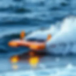 A futuristic air surfboard gliding effortlessly over the waves, showcasing its innovative design.