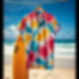 Vibrant surf apparel displayed against a beach backdrop