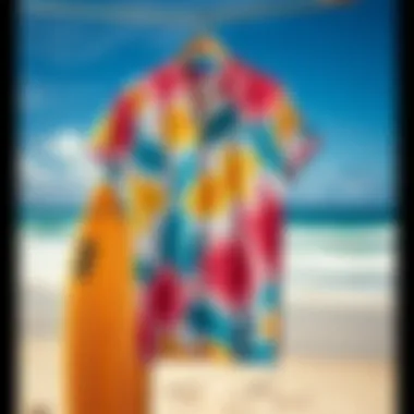 Vibrant Surf Apparel Against Beach Backdrop Vibrant surf apparel displayed against a beach backdrop
