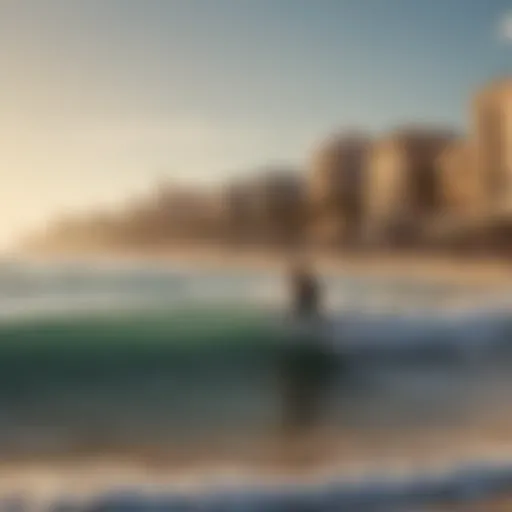 A stunning view of Barceloneta Beach with surfers catching waves