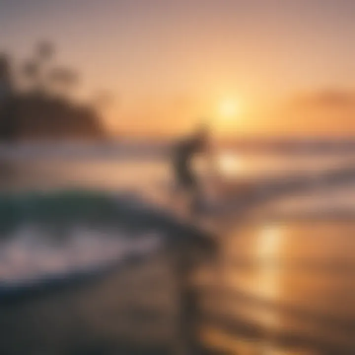 A vibrant sunset overlooking surfers silhouetted against the waves