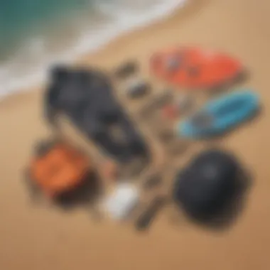 Surf gear laid out on the sand, showcasing essentials for a great day