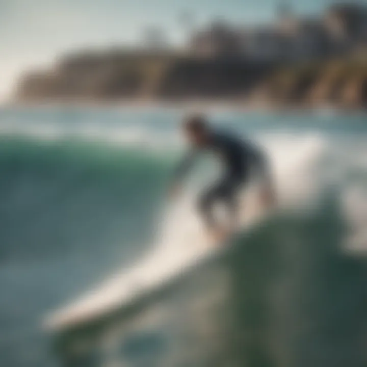 A local surf school with students learning to ride the waves