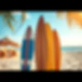 Artistic representation of cardboard surfboard cutouts on a vibrant beach setting