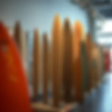 Surf Culture Meets Art: A Gallery of Cardboard Creations Creative designs of cardboard surfboard cutouts displayed in an art gallery