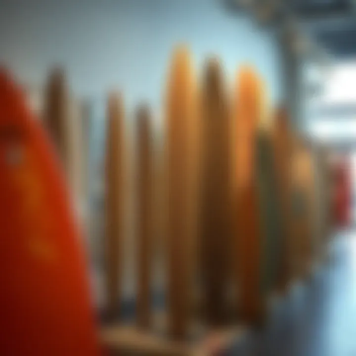 Surf Culture Meets Art: A Gallery of Cardboard Creations Creative designs of cardboard surfboard cutouts displayed in an art gallery