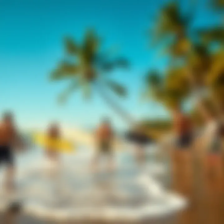 Ideal Surfing Conditions in August A vibrant beach scene showcasing surfers enjoying the ideal August conditions