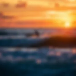 A breathtaking sunset over a Costa Rican beach with surfers riding the waves