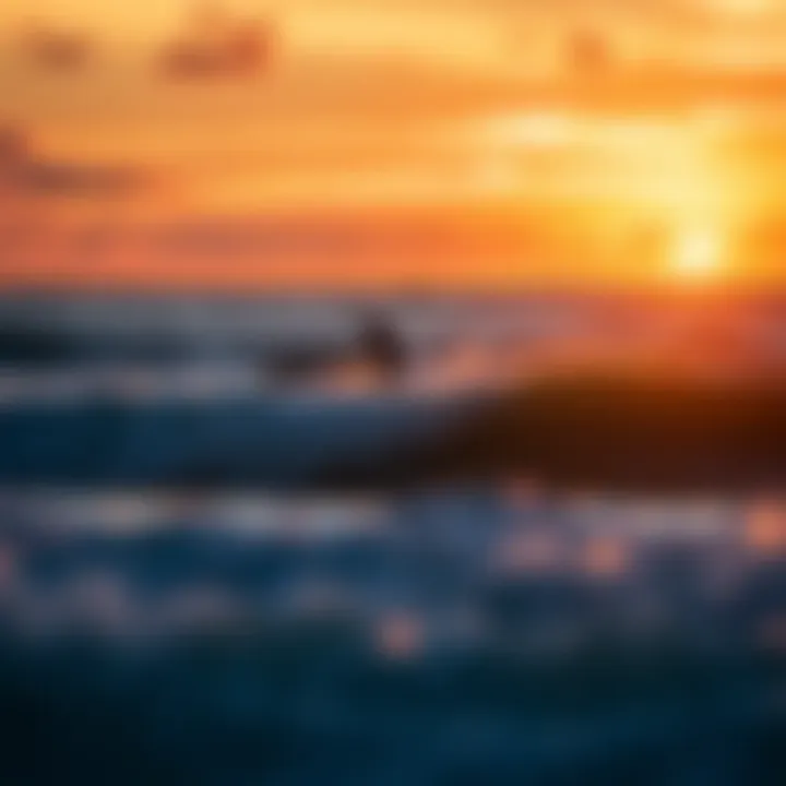 Sunset Surfing in Costa Rica A breathtaking sunset over a Costa Rican beach with surfers riding the waves