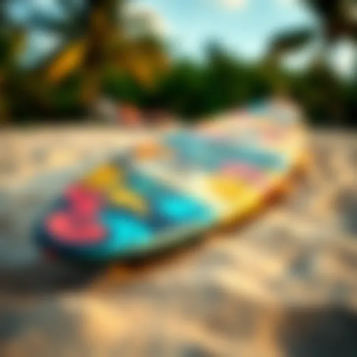 Artistic Surfboard on the Sand A close-up of a surfboard with vibrant designs resting on a sandy beach