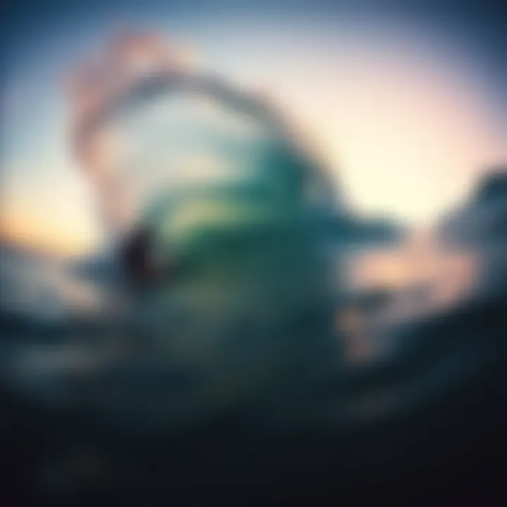 Surfer riding a powerful wave at sunset