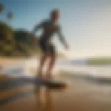 A vivid display of longboard surfing on a sunny beach