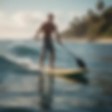 A serene view of a paddleboarder gliding across calm waters