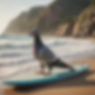 A tranquil scene of a surfer in pigeon pose near the shore