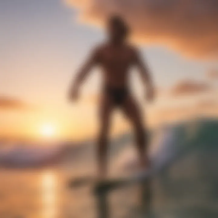 A vibrant sunset backdrop with a surfer in warrior pose