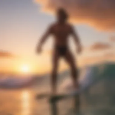 Warrior Pose: Strengthening the Core for Surfing A vibrant sunset backdrop with a surfer in warrior pose