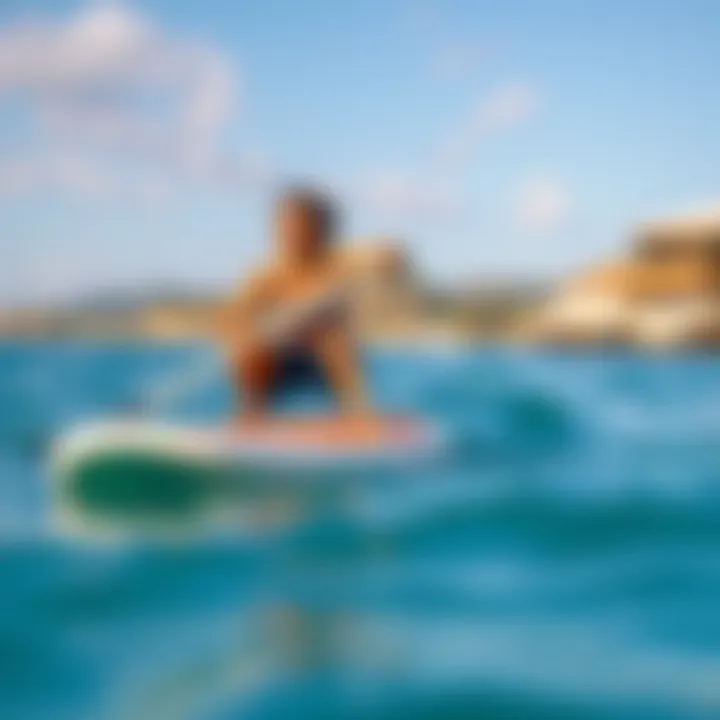 Beginner in Action on Paddle Board A beginner enthusiastically using a paddle board in calm waters