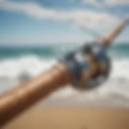 A close-up of a 15 foot surf fishing rod showcasing its intricate design and materials.
