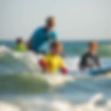 Surfing Lessons for Young Learners Children learning to surf with a professional instructor