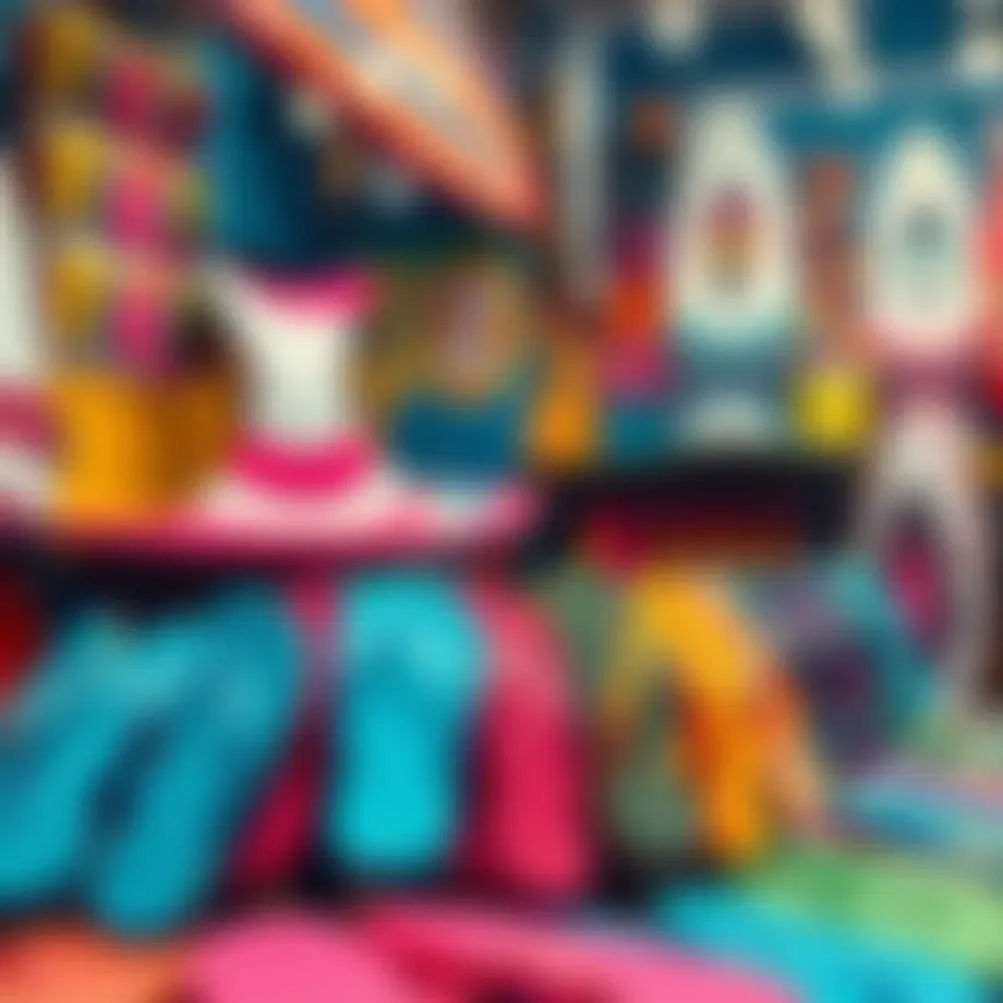 A vibrant display of flip flops in a surf shop setting