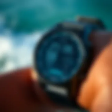 Close-up of the watch face displaying surfing metrics
