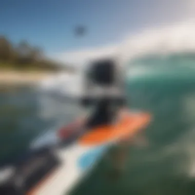 Close-up of a GoPro camera mounted on a kitesurfer's board capturing the action