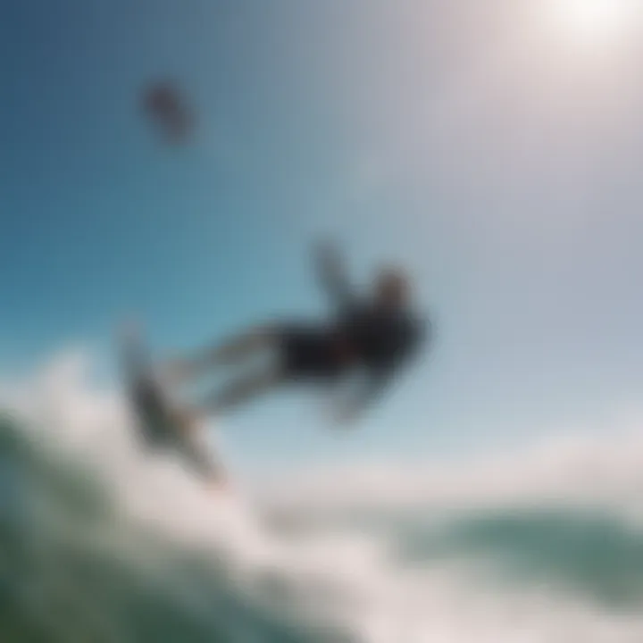 A kitesurfer performing a trick while being filmed by a GoPro