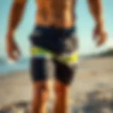 Stylish Greenlines Board Shorts Stylish Greenlines board shorts on a sandy beach
