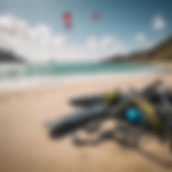 A close-up of kitesurfing equipment set against the backdrop of Isla Blanca's vibrant shoreline