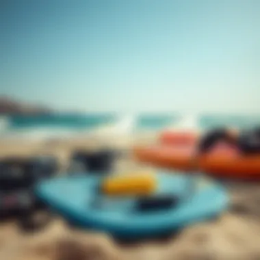 Essential Equipment for Kite Surfing Close-up of essential kite surfing equipment laid out on the beach