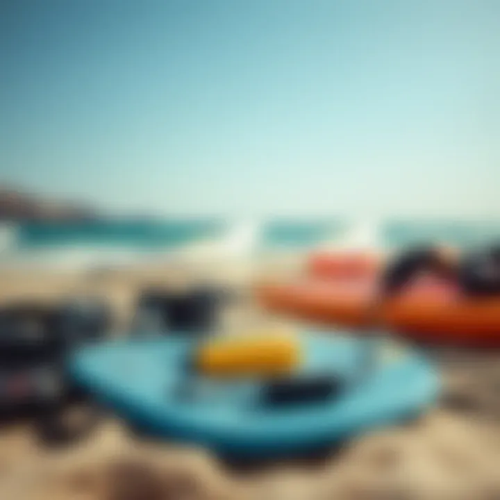 Essential Equipment for Kite Surfing Close-up of essential kite surfing equipment laid out on the beach