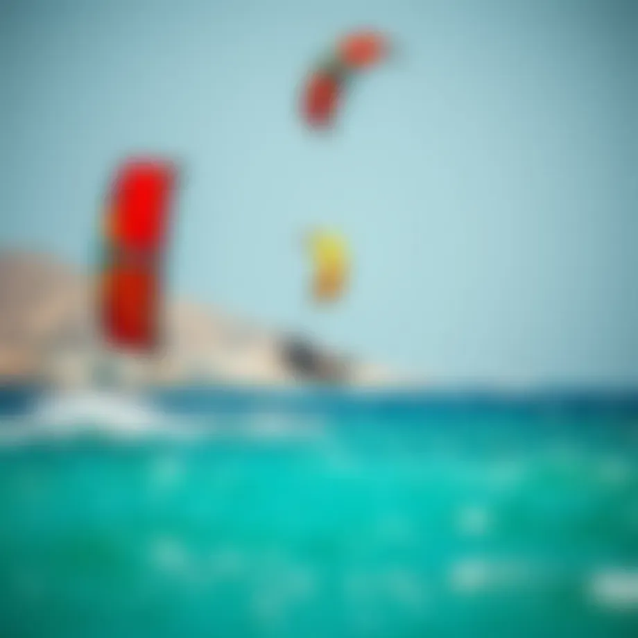 A vibrant kite surf scene with colorful kites soaring above the turquoise waters of Paros