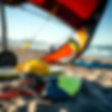 Kitesurfing Gear on the Beach Kitesurfing equipment laid out on the beach ready for use
