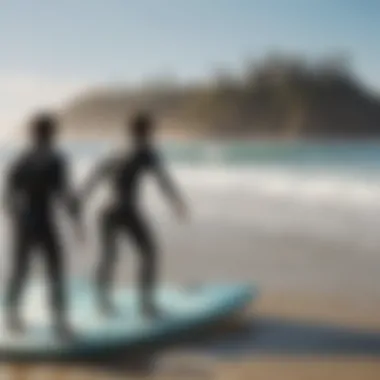 Local surf school instructor guiding students on the beach