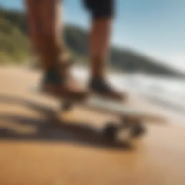 Close-up of a longboard deck demonstrating rocker and concave features.