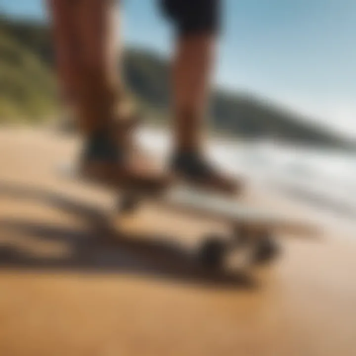 Close-up of a longboard deck demonstrating rocker and concave features.