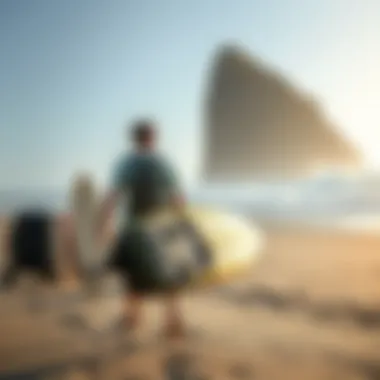 Traveler using longboard travel bag at the beach