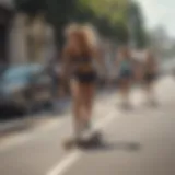 A dynamic longboarding scene showcasing a group of female riders on a picturesque street