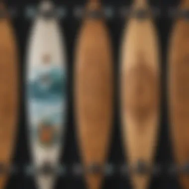 Close-up of various longboard designs emphasizing unique artwork and craftsmanship