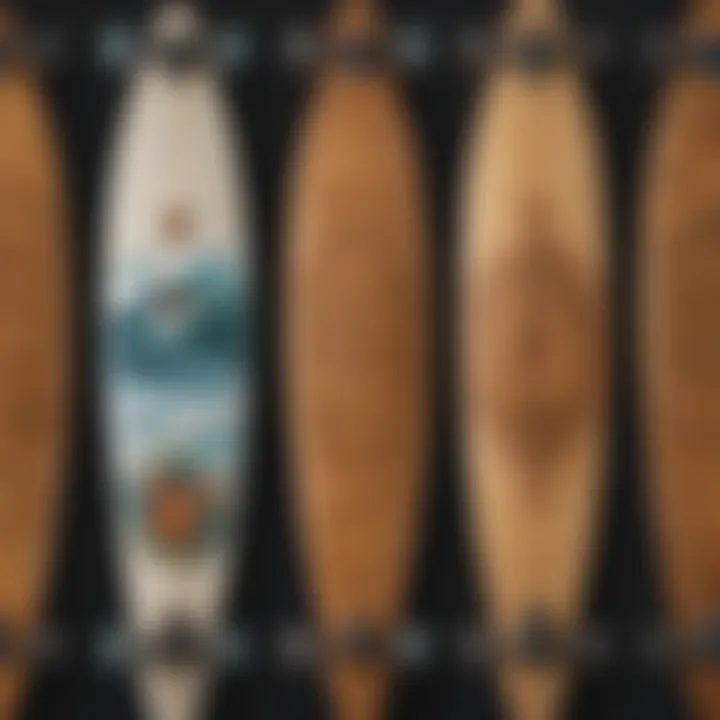 Close-up of various longboard designs emphasizing unique artwork and craftsmanship