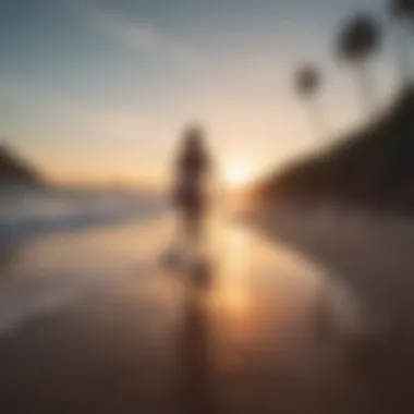 An elegant sunset view of a longboarder gliding along a serene coastal path