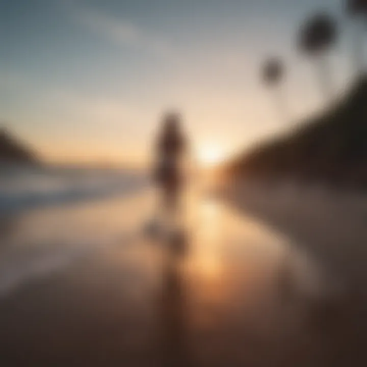 An elegant sunset view of a longboarder gliding along a serene coastal path