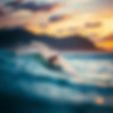 Surfer riding a wave at Mizata during sunset